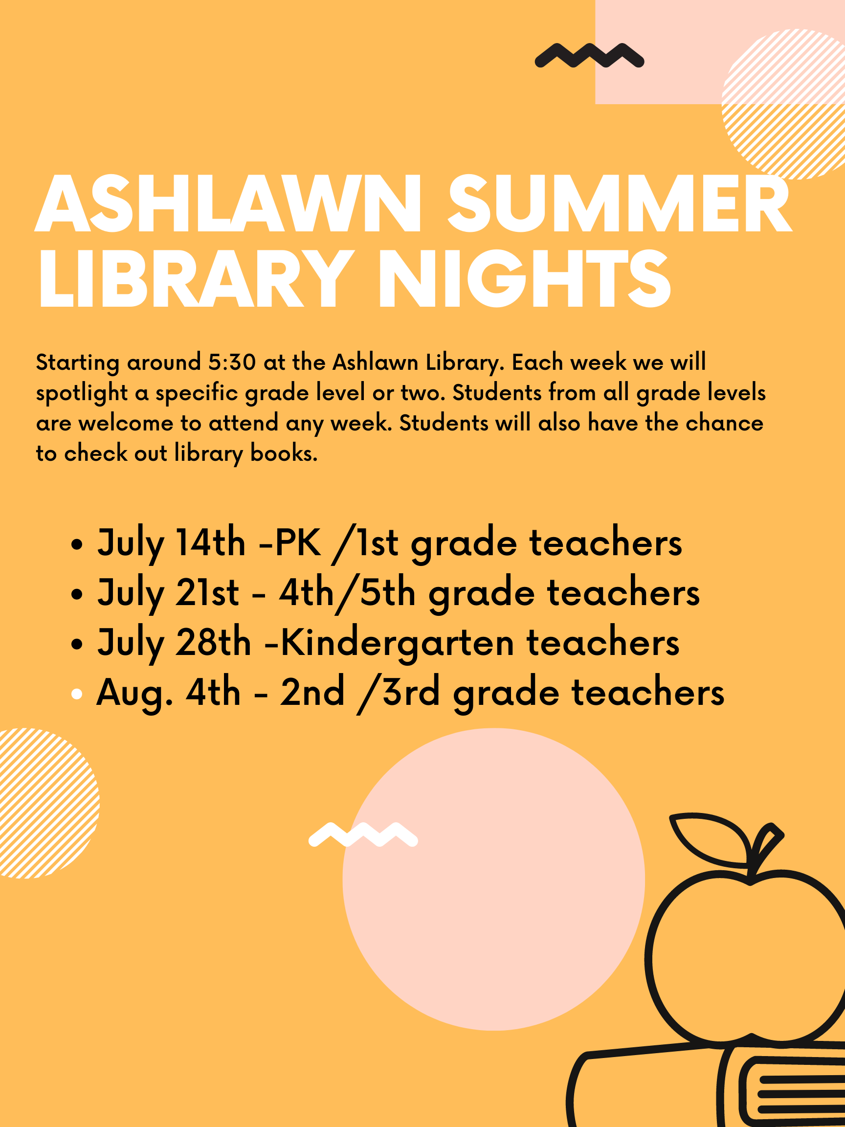 apple and book image Ashlawn Summer Library nights