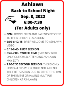 Sep. 8th Ashlawn Back to School night 6:00-7:30 with eagle head