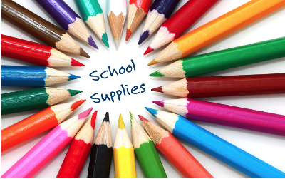 Colored pencils surrounding the words "School Supplies"